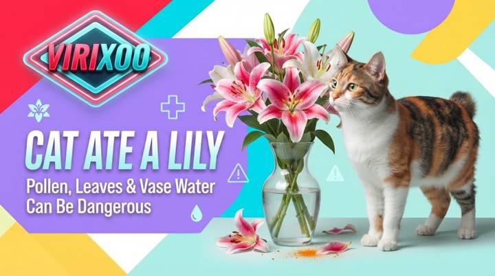 Cat kept safely away from a bouquet of lilies while an owner contacts emergency veterinary care