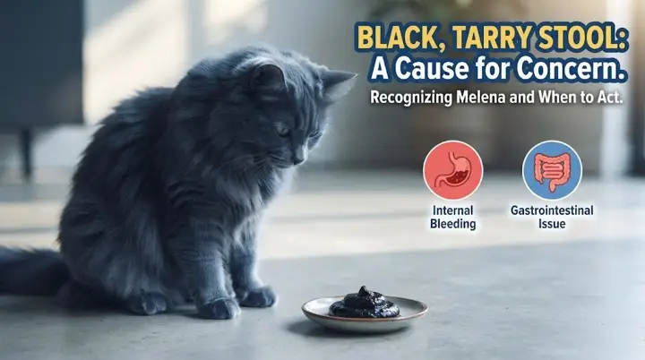 Cat litter box with a small non-graphic dark stool while an owner observes the unusual color from a safe distance
