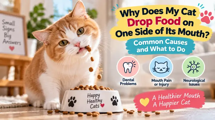 Cat eating dry kibble while a few pieces fall from one side of its mouth, suggesting possible oral discomfort