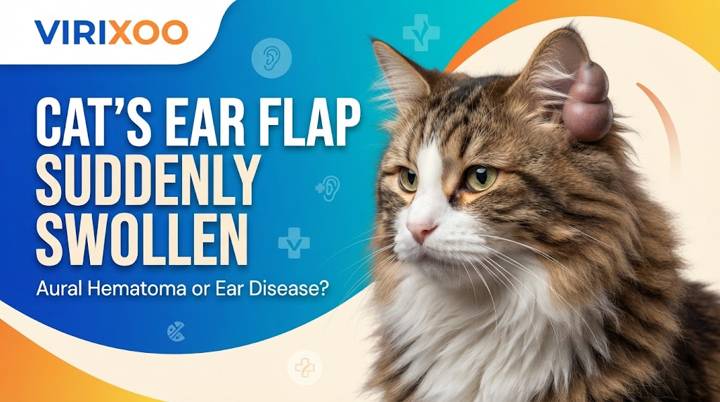 Cat with a visibly swollen ear flap being examined gently