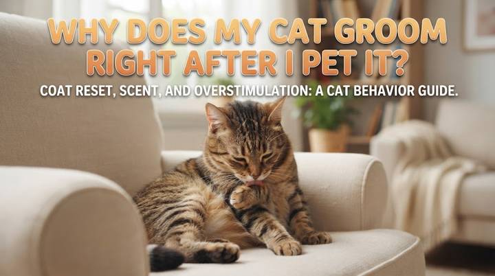 Relaxed cat calmly grooming its shoulder after a short gentle petting session