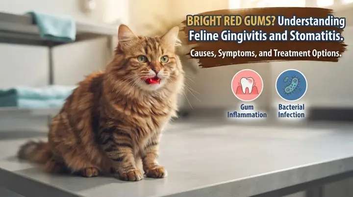 Close non-graphic view of a cat with noticeably red gum margins during a gentle veterinary-style mouth check