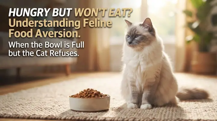 Cat approaching a food bowl with interest but pausing before eating while an owner observes