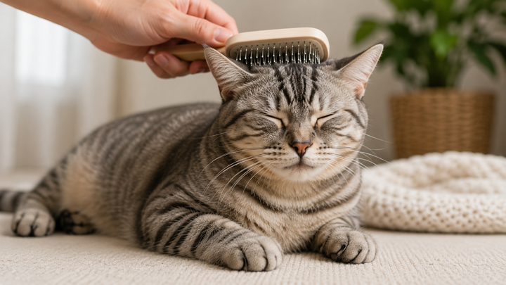 Cat with a small area of thinning fur being checked by its owner