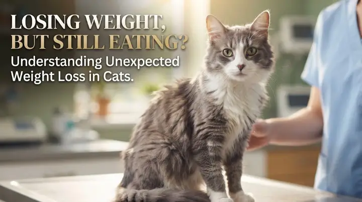 Adult cat eating from a bowl while an owner checks a recent weight reading on a pet scale