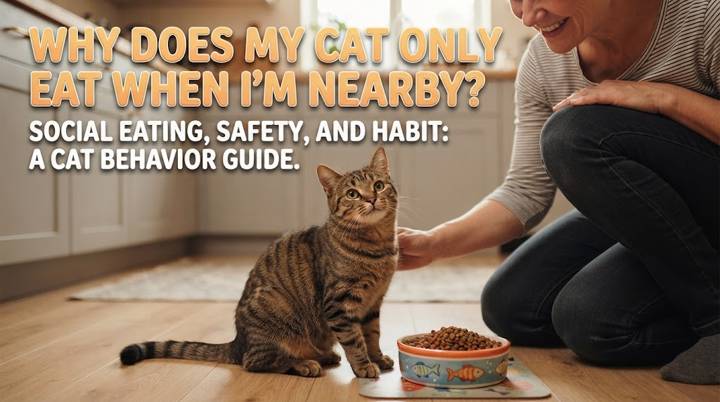 Cat eating calmly from a food bowl while its owner sits quietly nearby