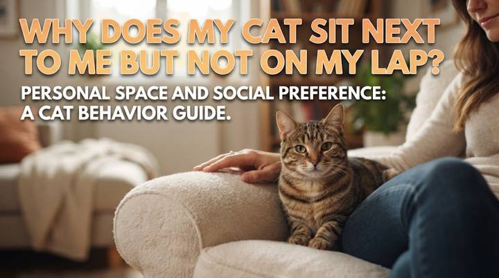 Relaxed cat sitting beside its owner on a sofa while keeping its own comfortable space
