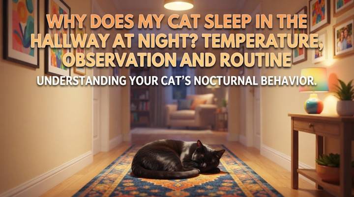 Cat sleeping comfortably on a quiet hallway floor at night with several rooms nearby