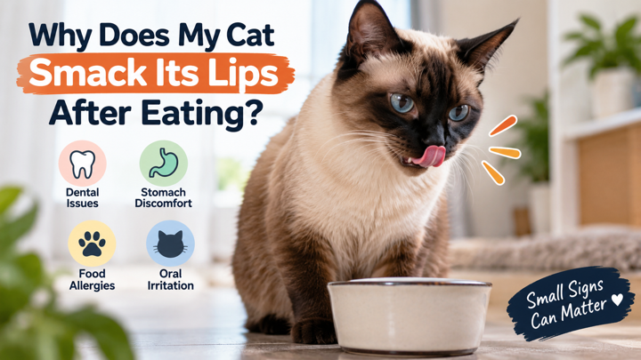 Cat making repeated lip movements after finishing a meal while an owner watches for drooling or discomfort