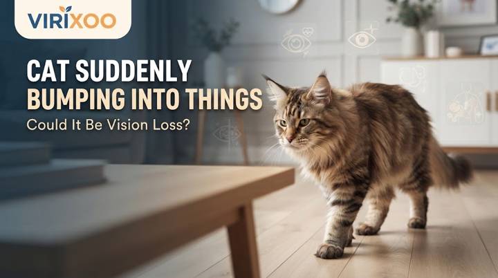 Cat cautiously approaching furniture after a sudden change in vision