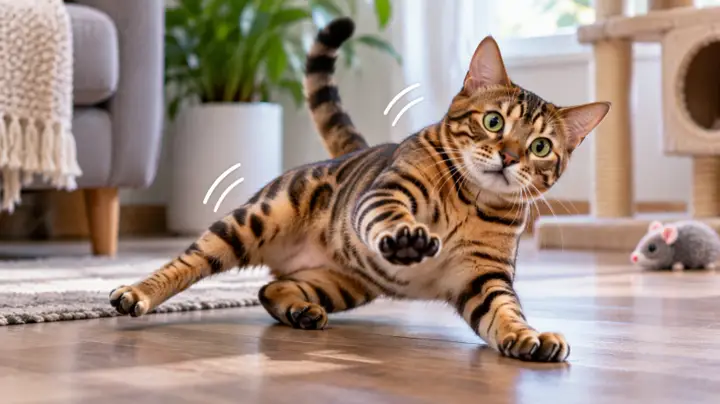 Cat standing unsteadily on a safe floor while an owner prevents access to stairs and prepares for veterinary care