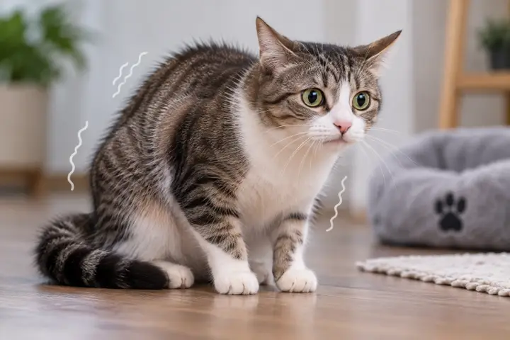 Awake cat showing mild visible trembling while resting safely indoors as an owner observes for other symptoms