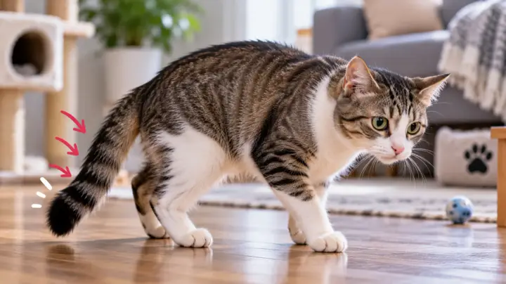 Cat walking with its tail held unusually low while an owner observes movement without pulling on the tail
