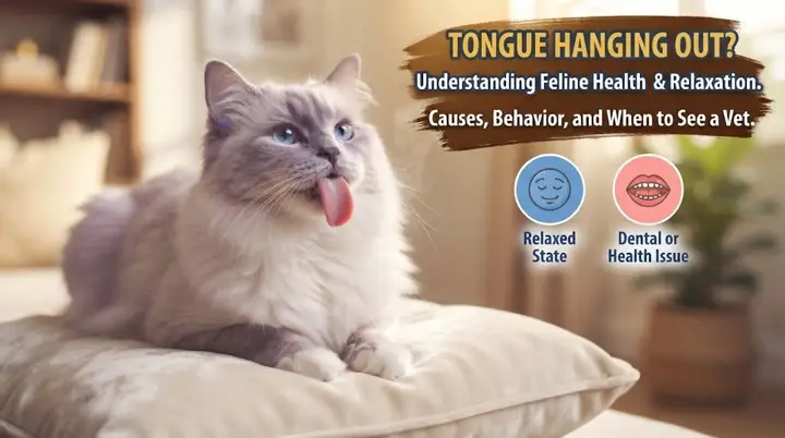 Relaxed cat with the tip of its tongue briefly visible while an owner observes whether the change is persistent