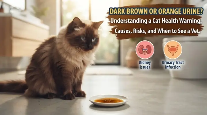 Clean litter box showing a small non-graphic unusually dark amber urine clump while an owner observes