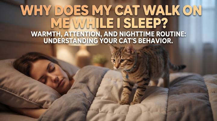 Cat carefully walking across a sleeping owner's covered legs on a bed at night