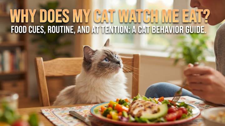 Cat sitting calmly a short distance from its owner during a meal without reaching for the food