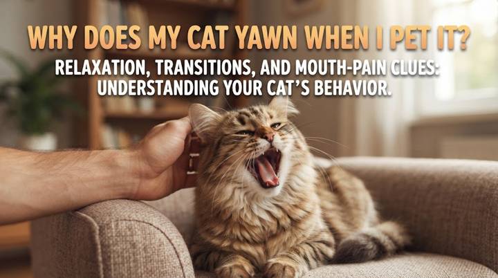 Relaxed cat yawning during a gentle petting session while remaining loose and comfortable