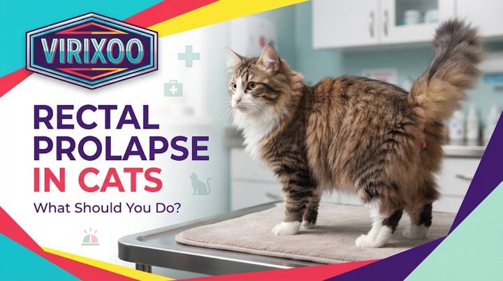 Cat with a non-graphic veterinary illustration of rectal prolapse while an owner prepares for prompt care