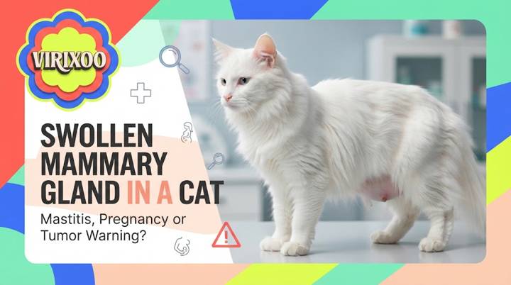Female cat with a non-graphic swollen mammary area being gently examined by a veterinarian
