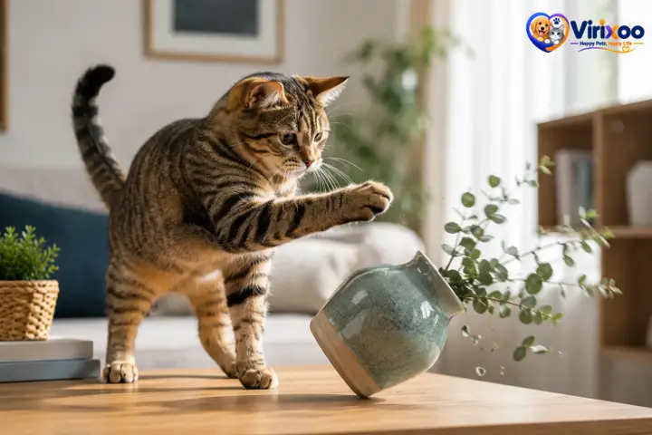 Curious cat touching a small safe object on a table