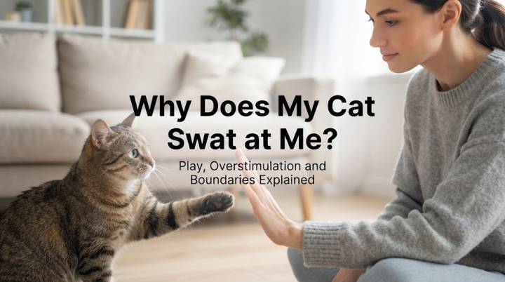 Cat lifting one paw toward an owner who pauses interaction and gives space