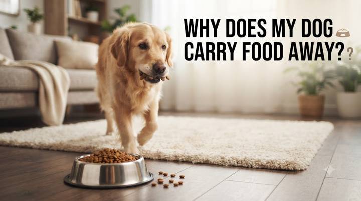 Dog carrying several pieces of kibble from a food bowl toward a quieter place to eat