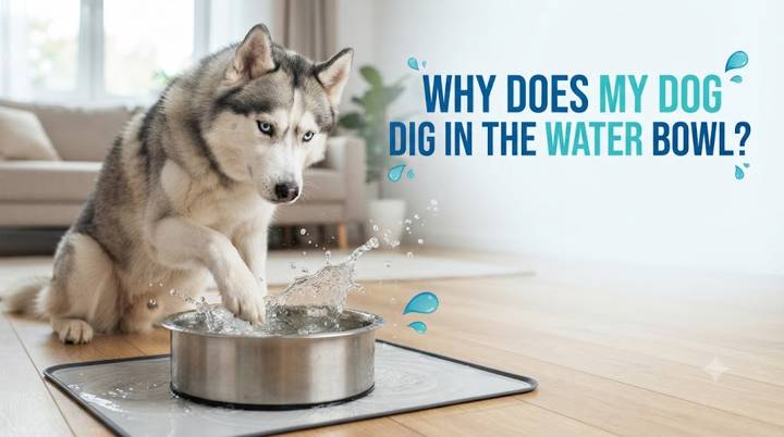 Dog pawing at fresh water in a sturdy bowl on a washable non-slip mat