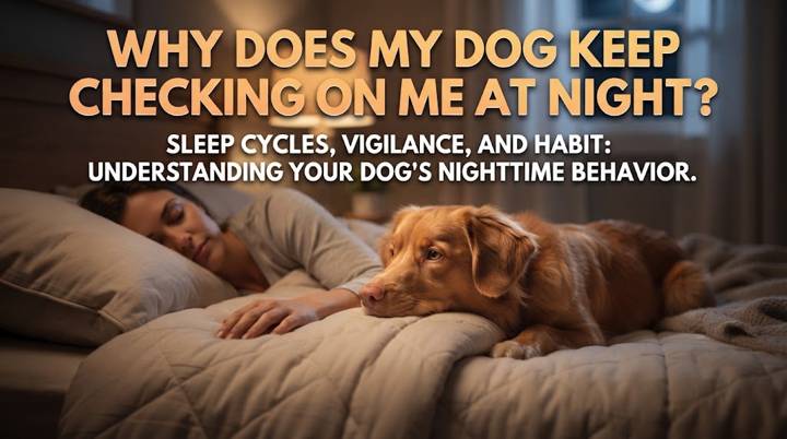 Dog quietly standing near a sleeping owner at night before returning to its own bed