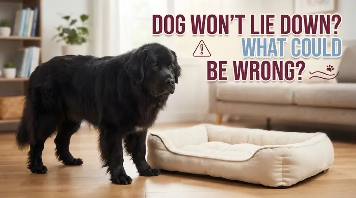Dog standing beside its bed and appearing unable to settle into a lying position