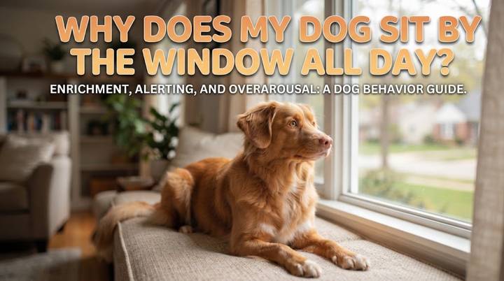 Dog calmly watching outdoor activity through a window without barking or lunging