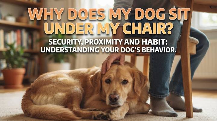 Relaxed small dog sitting beneath an owner's chair while remaining visible and comfortable