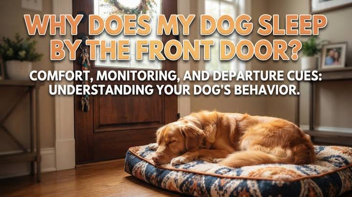 Relaxed dog sleeping safely beside a closed front door with enough space for the door to open