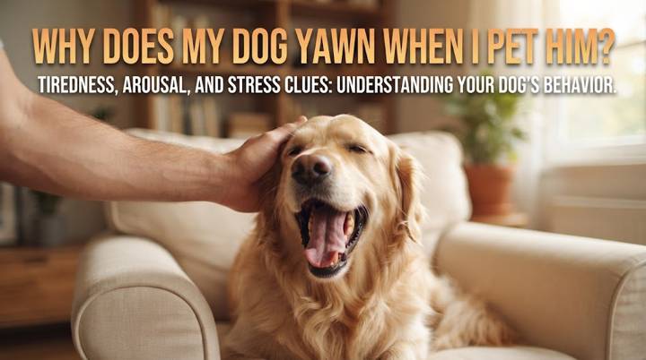 Dog yawning during gentle petting while showing loose relaxed body language