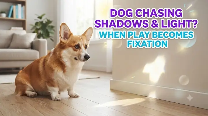 Dog watching a moving light reflection while the owner redirects attention to a calm enrichment activity