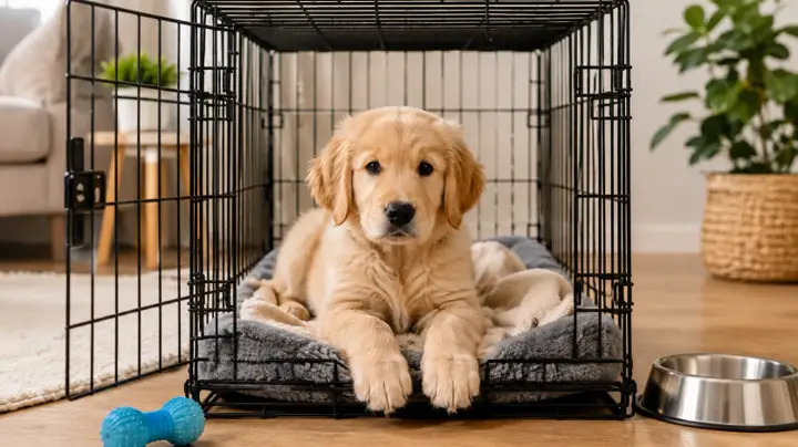 Puppy resting calmly in an open crate with a soft bed and safe chew