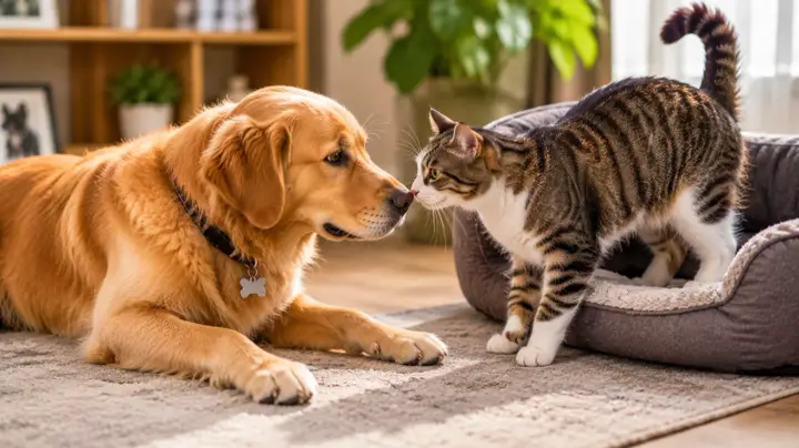 Calm dog and cat observing each other from a safe controlled distance