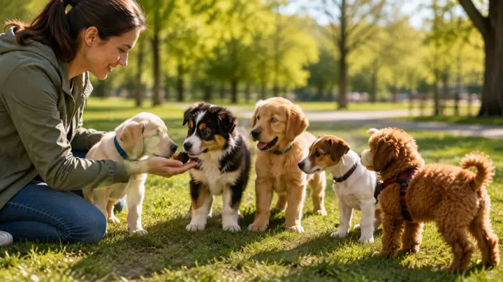 Confident puppy calmly observing people and everyday sights from a safe distance