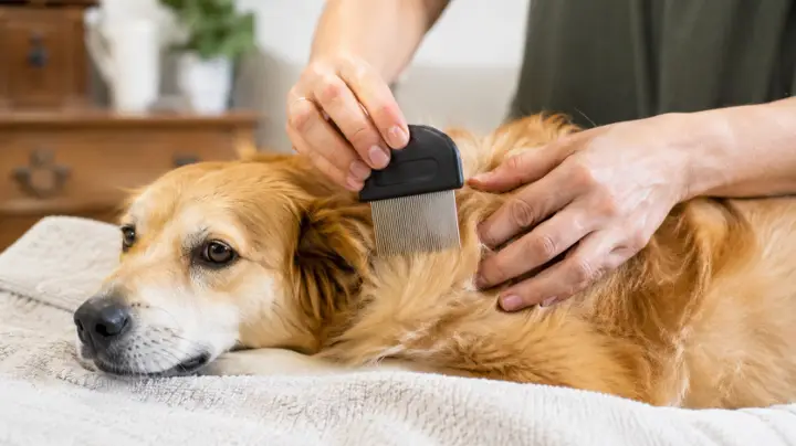 Owner using a flea comb on a dog's coat over a light towel