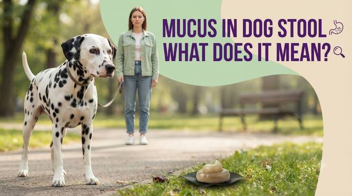 Owner observing a dog's stool outdoors for mucus, color changes, and other digestive warning signs