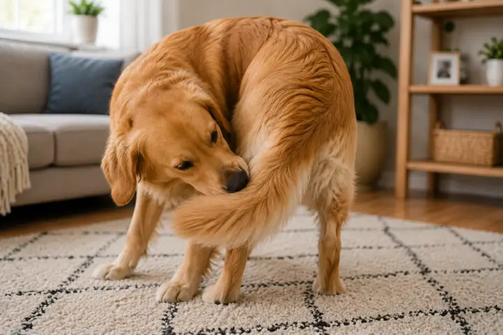 Dog turning in a small circle before settling on a bed