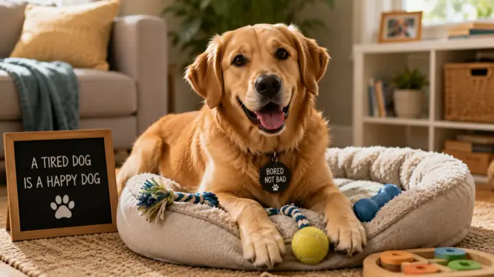 Relaxed dog following its owner through a bright home