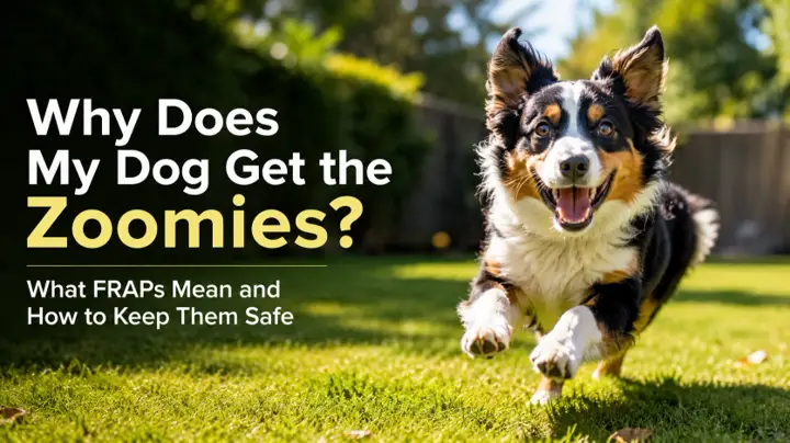 Happy dog running safely across an open grassy area during a brief burst of zoomies