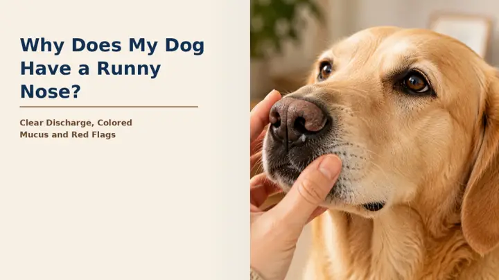 Dog with a small amount of clear nasal discharge while an owner calmly checks its breathing