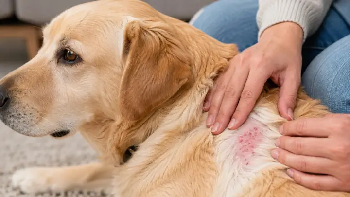 Owner parting a dog's coat to inspect irritated skin