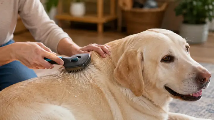 Close view of a dog coat with a few white flakes during brushing
