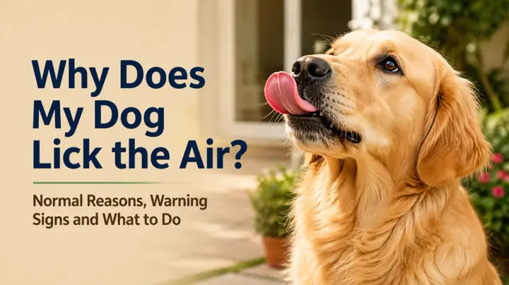 Dog briefly licking the air while its owner calmly observes the behavior at home