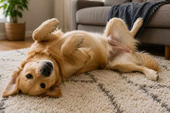 Relaxed dog lying belly-up with loose body language
