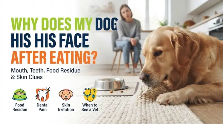 Dog gently rubbing its muzzle after a meal while its owner watches for signs of discomfort