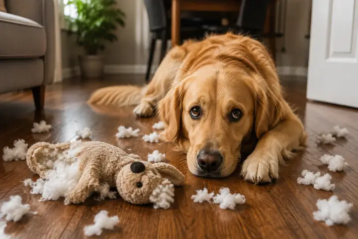 Dog relaxing on a bed after a gentle sigh